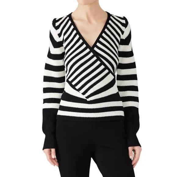 Tome Black White Striped Merino Wool Long Sleeve Crossover Wrap Sweater Size 16 - Picture 1 of 7